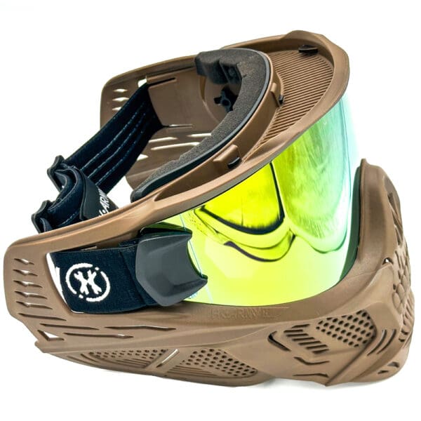 Tan paintball mask with mirrored lens.