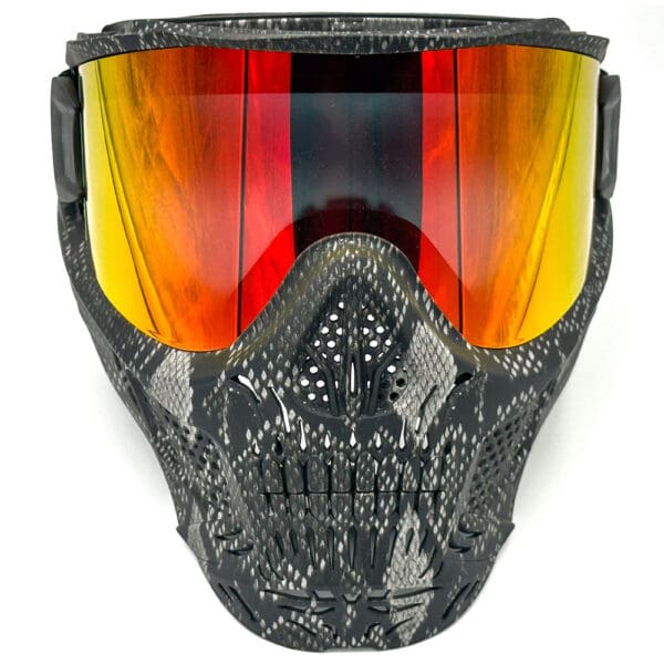 Black and grey skull paintball mask with red lens.