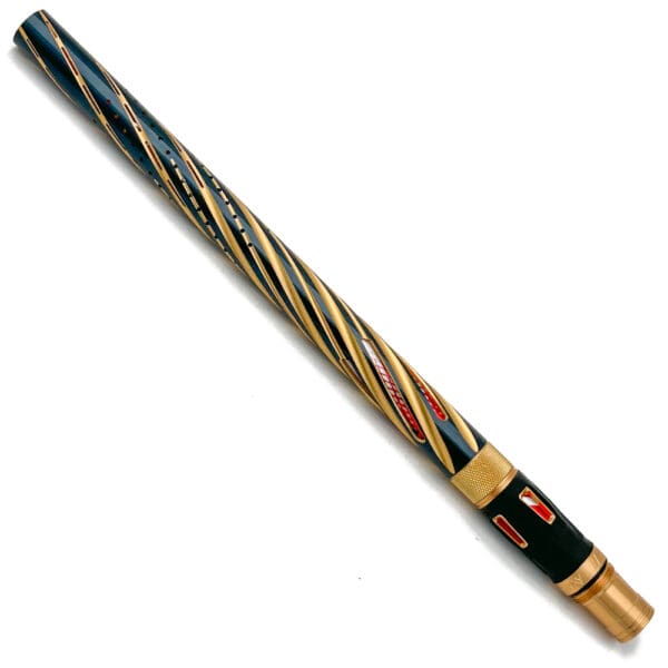 Gold and blue paintball barrel with red accents.