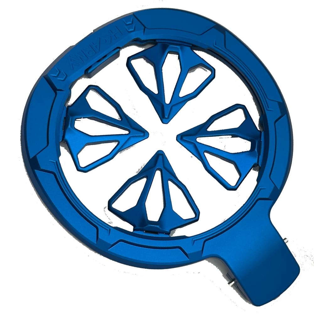 Blue plastic motorcycle wheel guard.