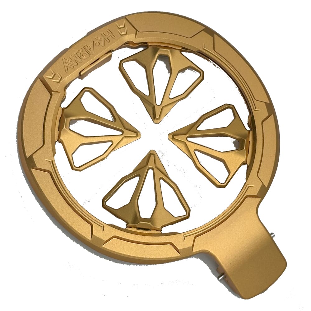 Gold round object with sharp points.