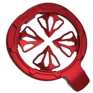 Red metal motorcycle engine cover.