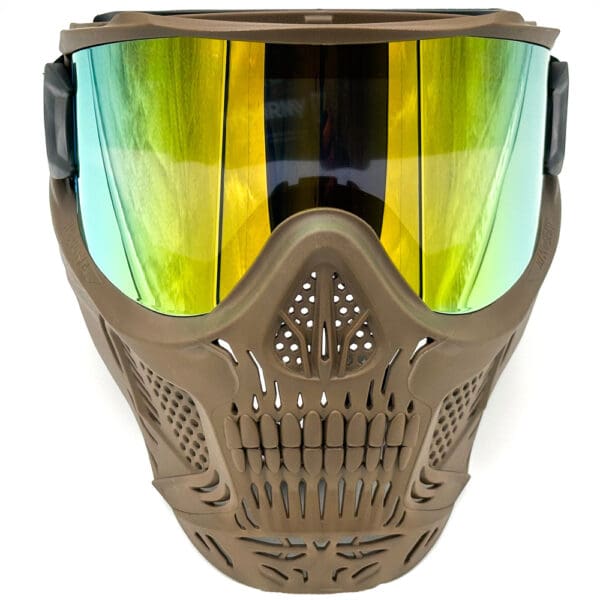 Tan paintball mask with skull design and mirrored lenses.