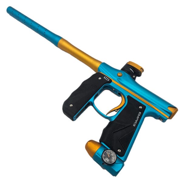 Here's an alt tag for the image: Blue and gold Etha3 paintball gun.