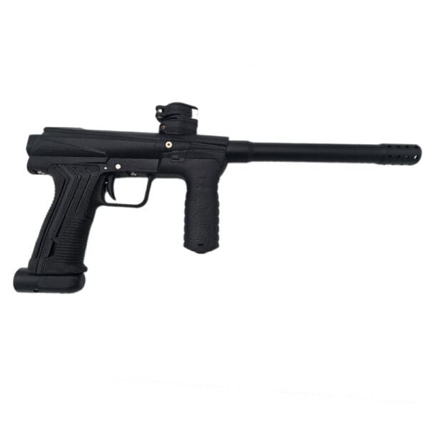 Black paintball marker, side view.