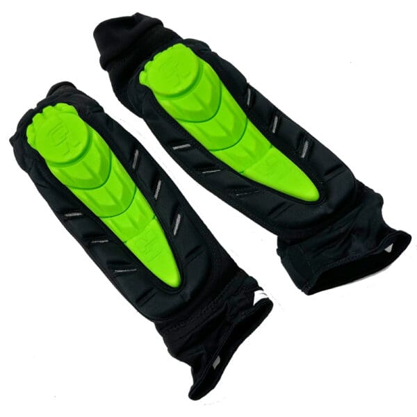 Pair of black and green elbow pads.