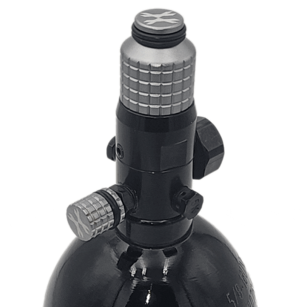 Black paintball tank with grey regulator.