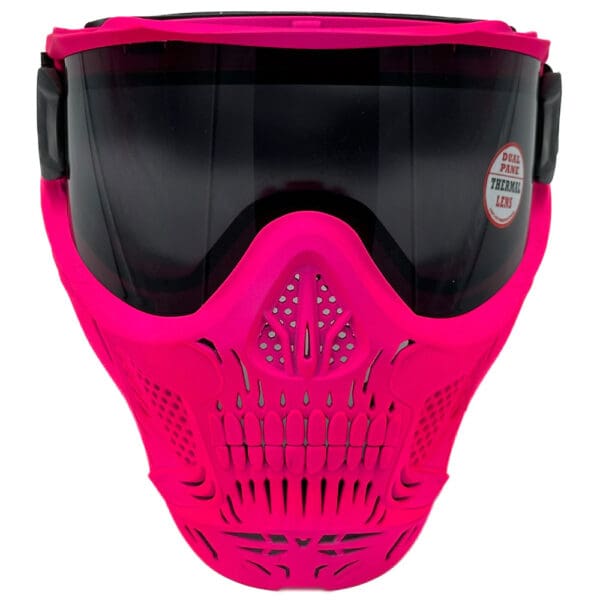 Pink skull paintball mask with thermal lens.