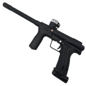 Black paintball gun, angled view.