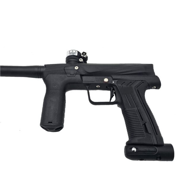 Black paintball marker, side view.