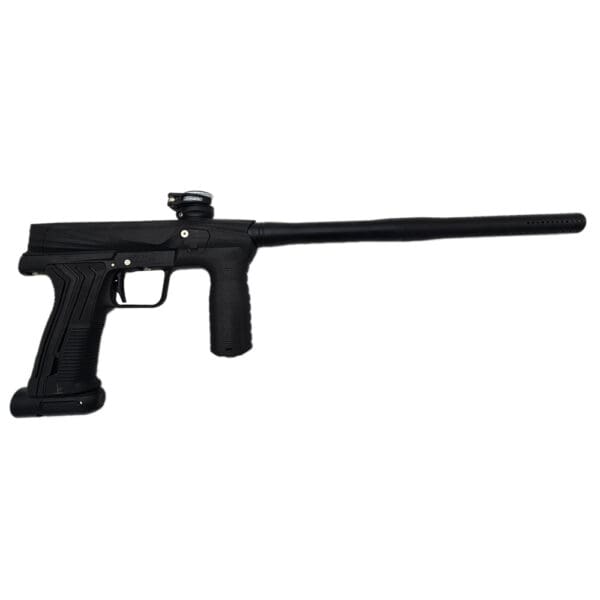 Black paintball marker, side view.