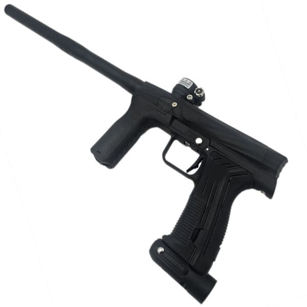 Black paintball gun, angled view.