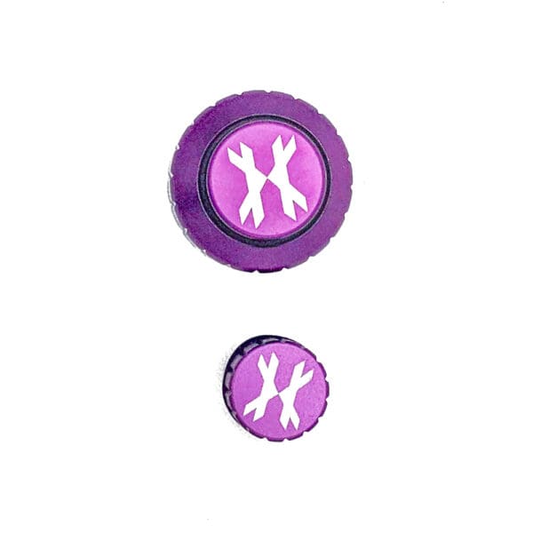 Purple and white buttons with X symbol.