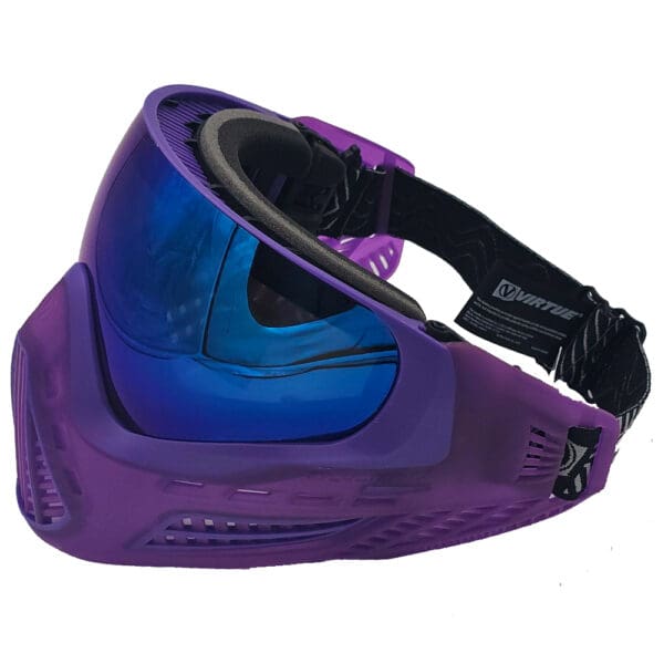 Purple Virtue paintball mask with blue lens.