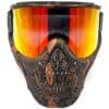 Black and orange skull paintball mask.