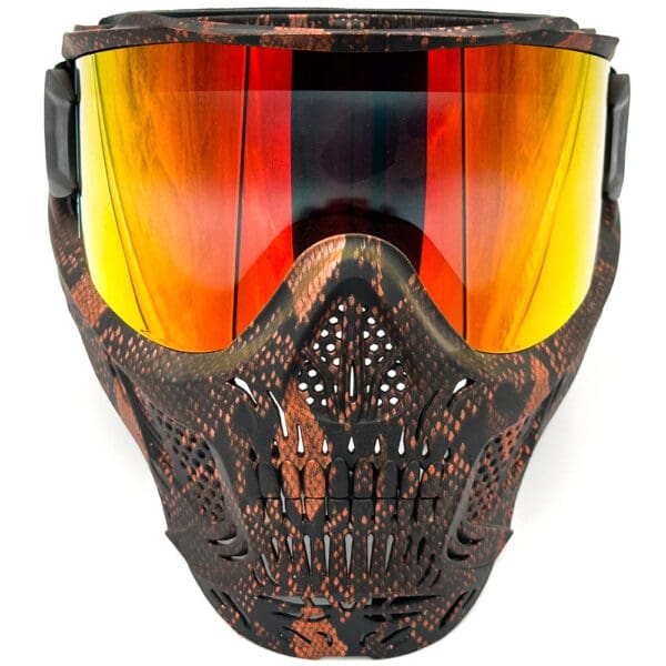 Black and orange skull paintball mask.