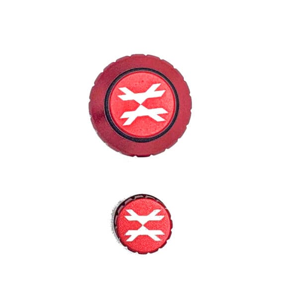 Two red buttons with white arrow logo.