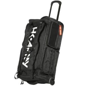 Black rolling duffel bag with logo.