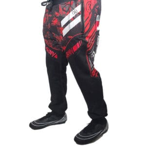 Red and black army pants with shoes.