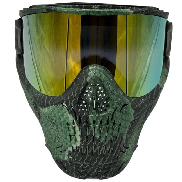 Green and gold paintball mask with skull design.