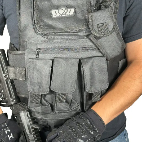 Black tactical vest with multiple pockets.