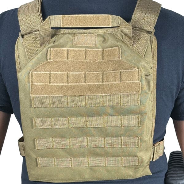 Tan tactical vest with molle webbing.