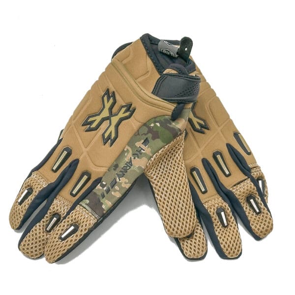 Pair of tan and camo tactical gloves.