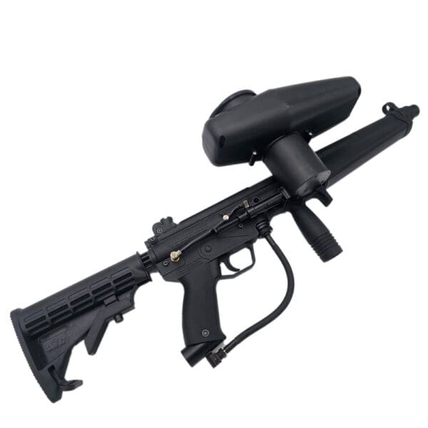 Black paintball gun, close-up view.