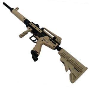 Tan and black Cronus paintball marker.