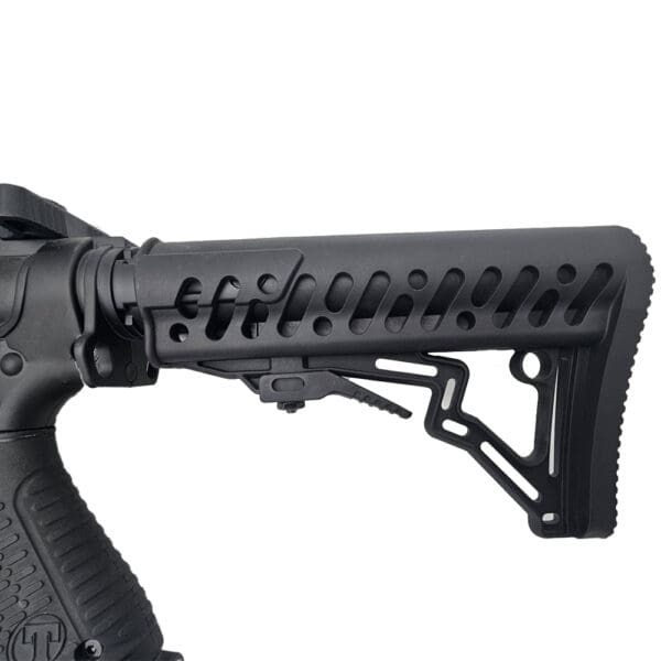 Black AR-15 style rifle stock.