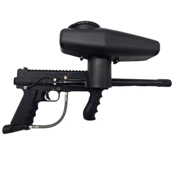 Black paintball gun, side view.