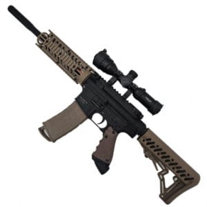 Tan AR-15 style paintball marker with scope.