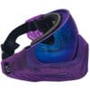 Purple paintball mask with blue lens.