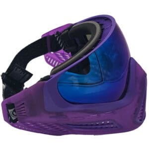 Purple paintball mask with blue lens.