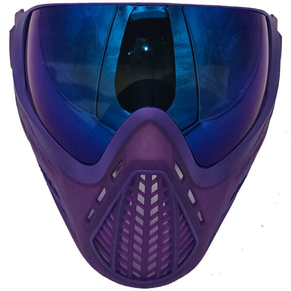 Purple paintball mask with blue lens.