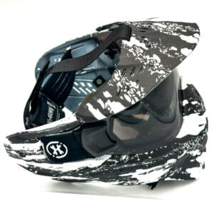 Black and white paintball mask with visor.