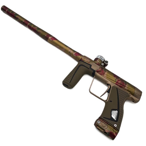 Camouflaged paintball marker with scope.