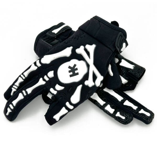 Black and white skeleton gloves with skull logo.