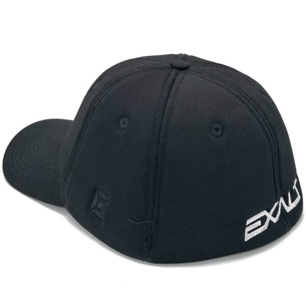 Black baseball cap with silver logo.