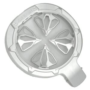 Silver metal disc with geometric design.