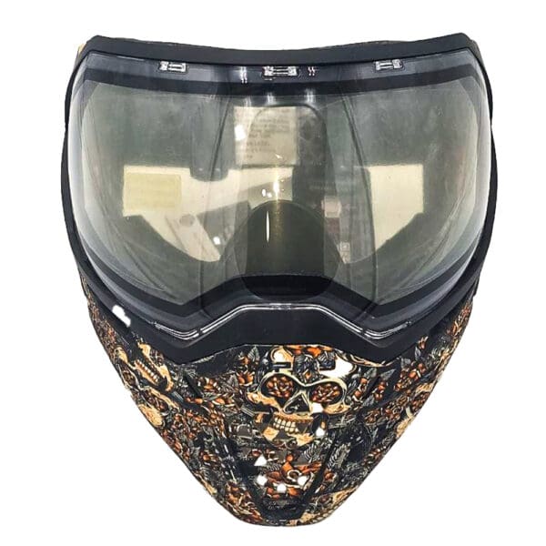 Black paintball mask with skull and rose design.