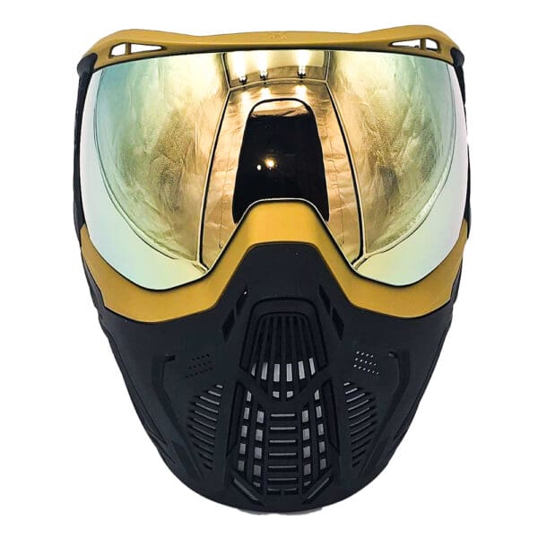 Black and gold paintball mask with mirrored lens.