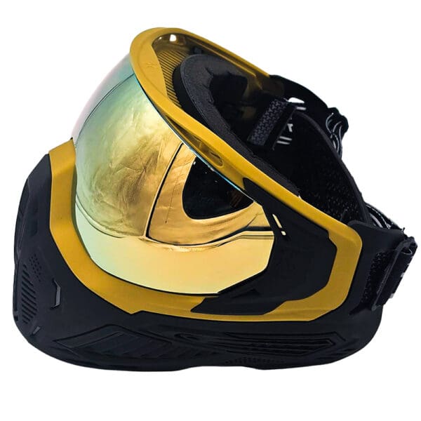 Gold and black paintball mask with strap.