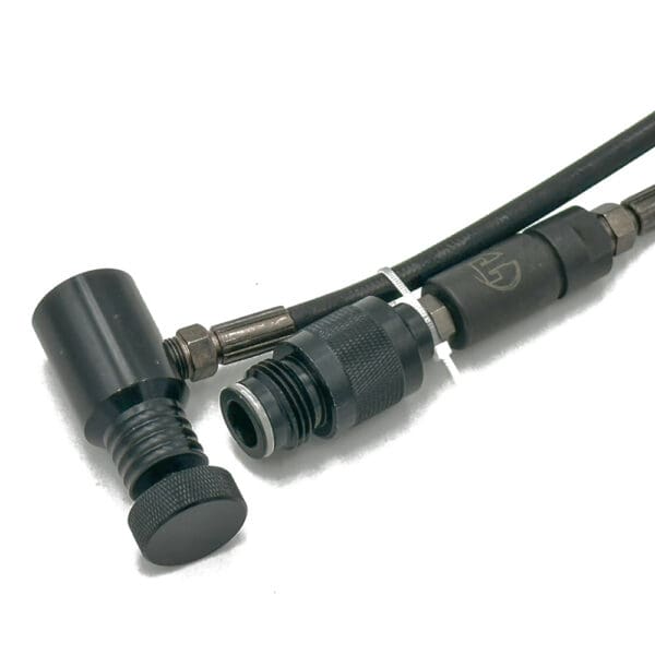 Black air hose with two connectors.