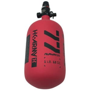 Here's an alt tag for the image: Red HK Army Alpha Air paintball tank.