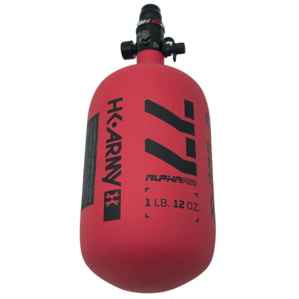 Here's an alt tag for the image: Red HK Army Alpha Air paintball tank.