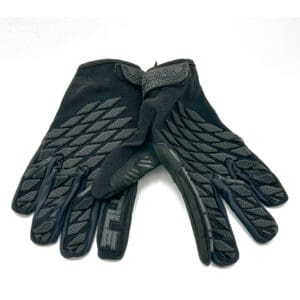 Black motorcycle gloves with grip pattern.