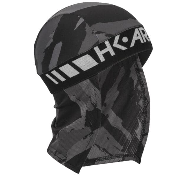 Black and gray camo balaclava with logo.