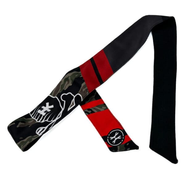 Red, black, and camo bandana with skull logo.