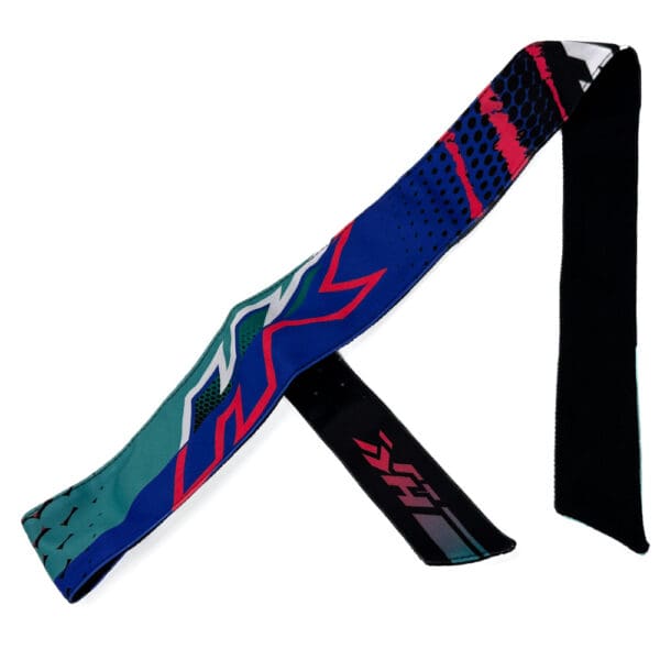 Blue and green patterned strap with logo.